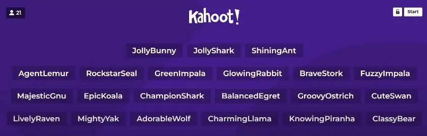 Generated nicknames for Kahoot