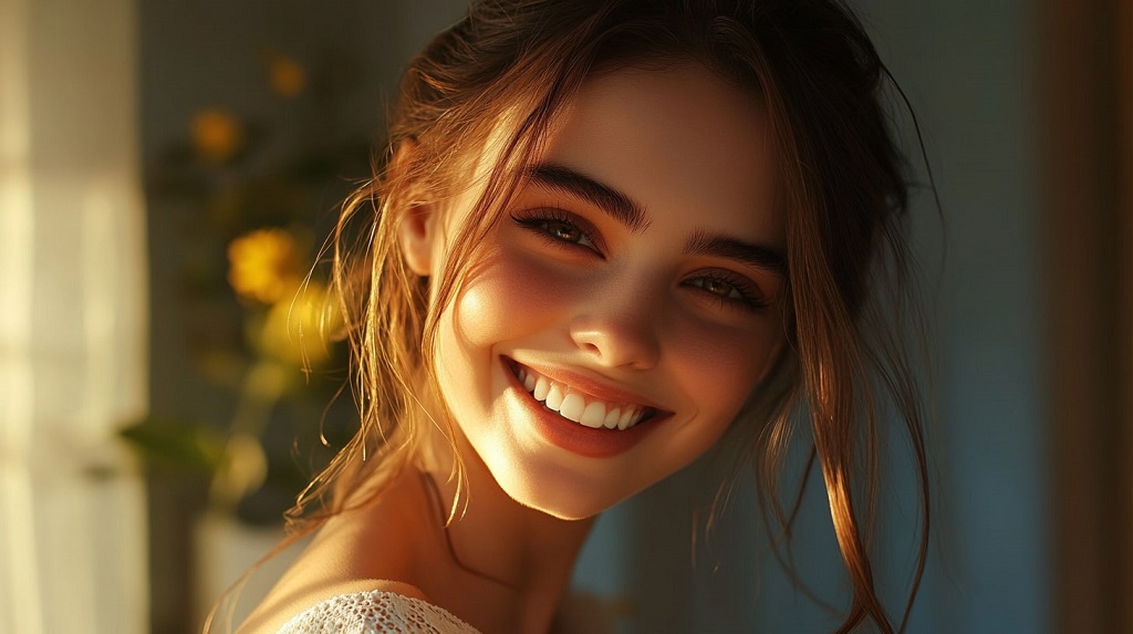 A smiling girl with sunlight shining on her face