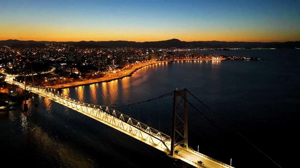 Nighttime panorama of Florianópolis captured by a drone