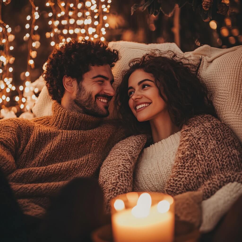 A couple embracing while sitting on a sofa