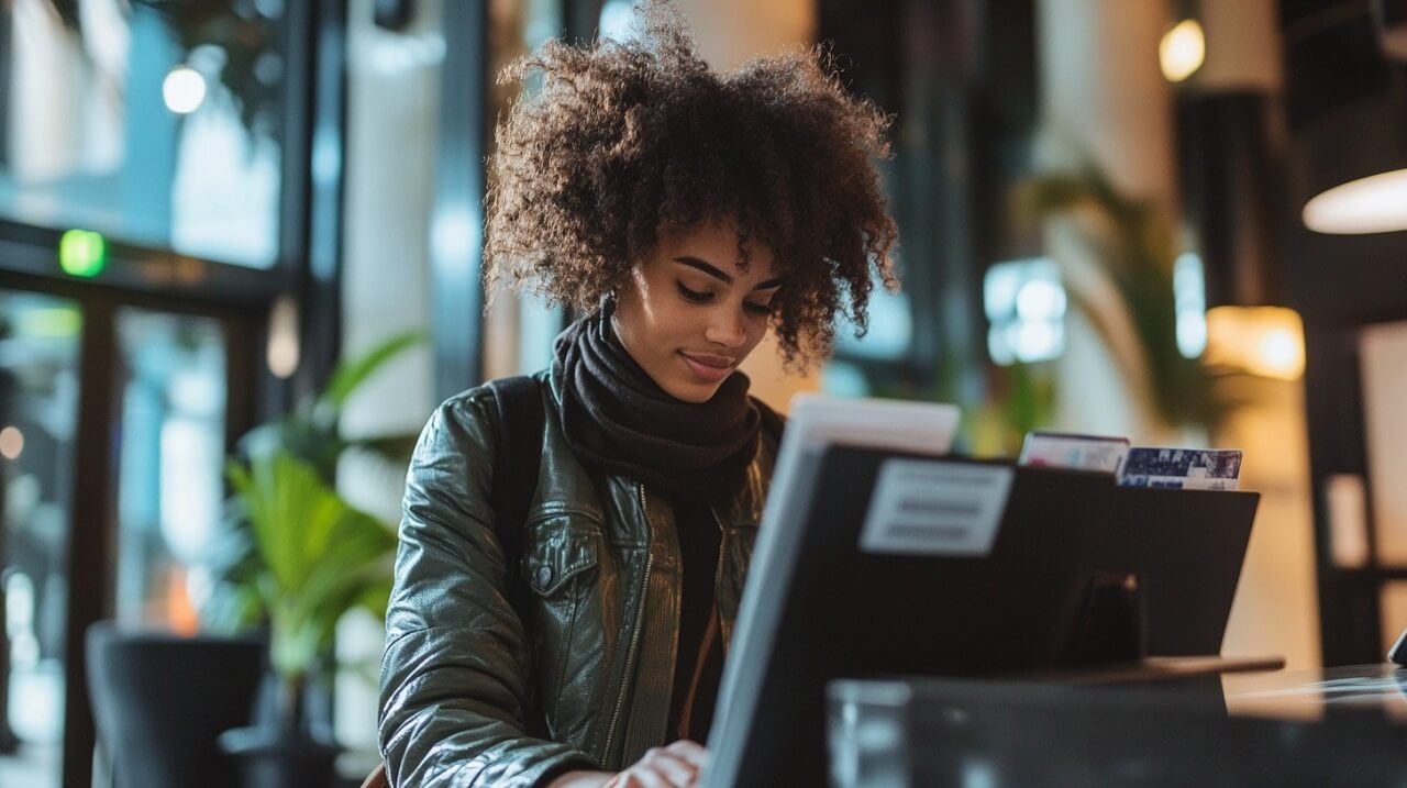 Woman entering details during hotel check-in