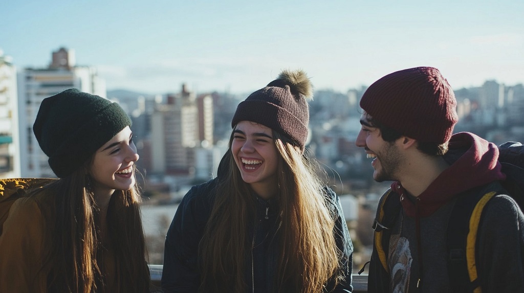 Teenagers laughing while posing in front of the city skyline