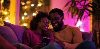 A couple sitting closely on a couch, playing truth or dare