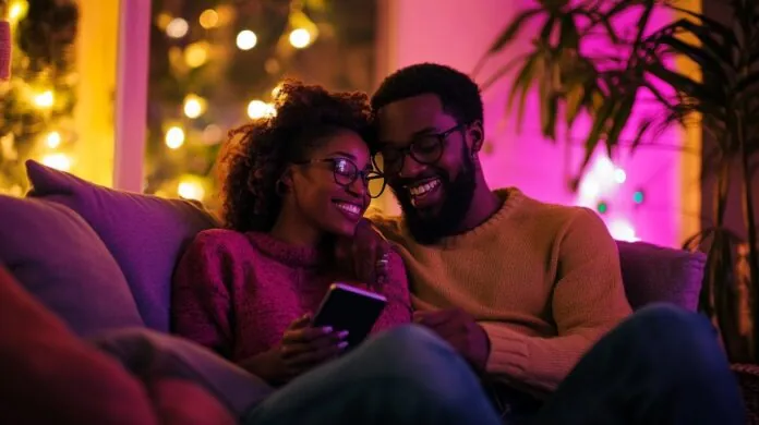 A couple sitting closely on a couch, playing truth or dare