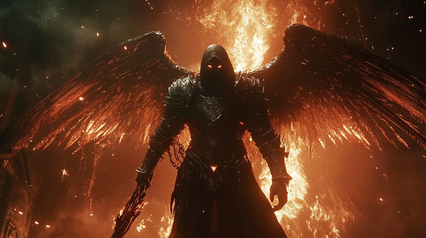 A dark, armored angelic figure with burning wings stands against a backdrop of raging fire, his glowing eyes piercing through the shadows