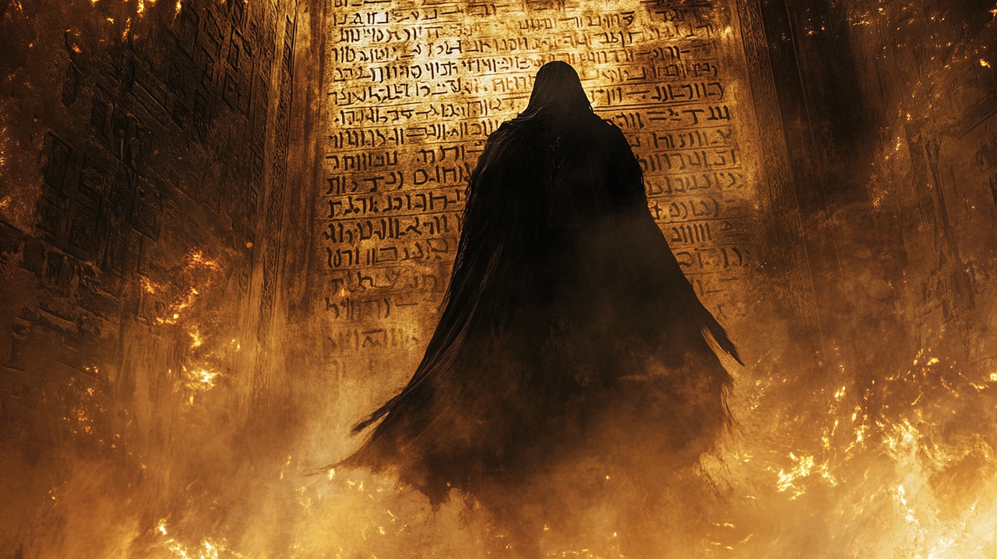 A hooded, shadowy figure stands before an ancient wall covered in mysterious inscriptions, surrounded by swirling fire and smoke