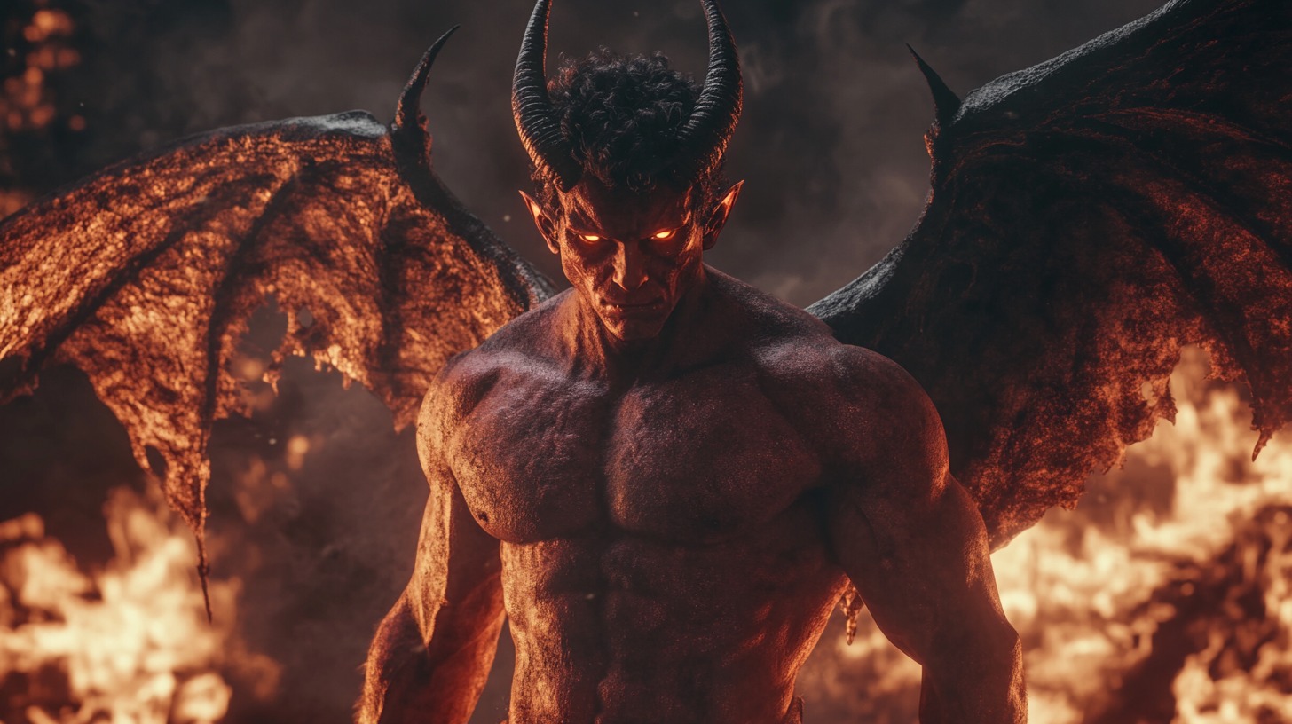 A close-up of a demonic figure with a chiseled, muscular form, burning amber eyes, and blackened wings