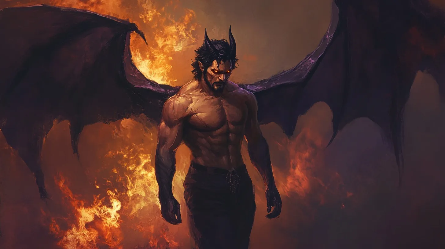 A muscular demon with large bat-like wings and glowing orange eyes stands in a fiery inferno