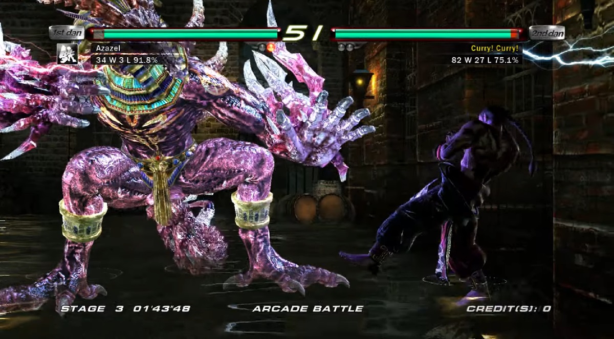 A screenshot from the fighting game Tekken 6, featuring Azazel, a large crystalline demonic creature with an Egyptian-inspired design