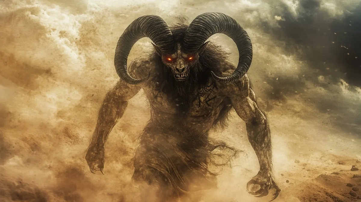 A fearsome demon with large horns, glowing eyes, and a muscular humanoid body