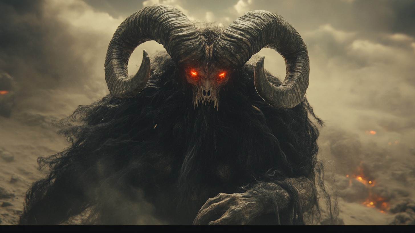 A dark, ominous depiction of a demon with massive curled horns, glowing red eyes, and a skeletal face