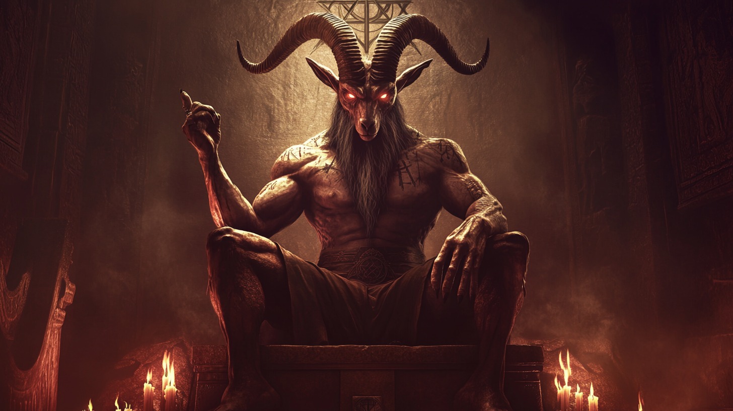 A dark and powerful depiction of Baphomet, a horned, goat-headed figure sitting on a throne surrounded by candlelight and mystical symbols