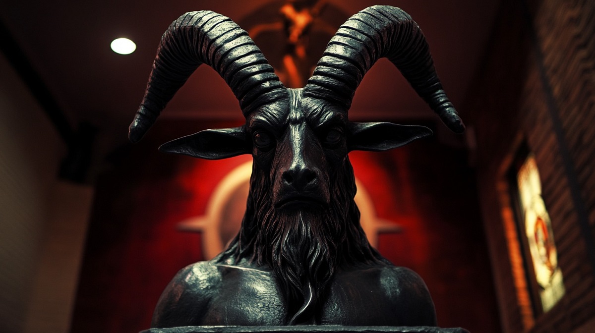 A close-up of a black statue of Baphomet