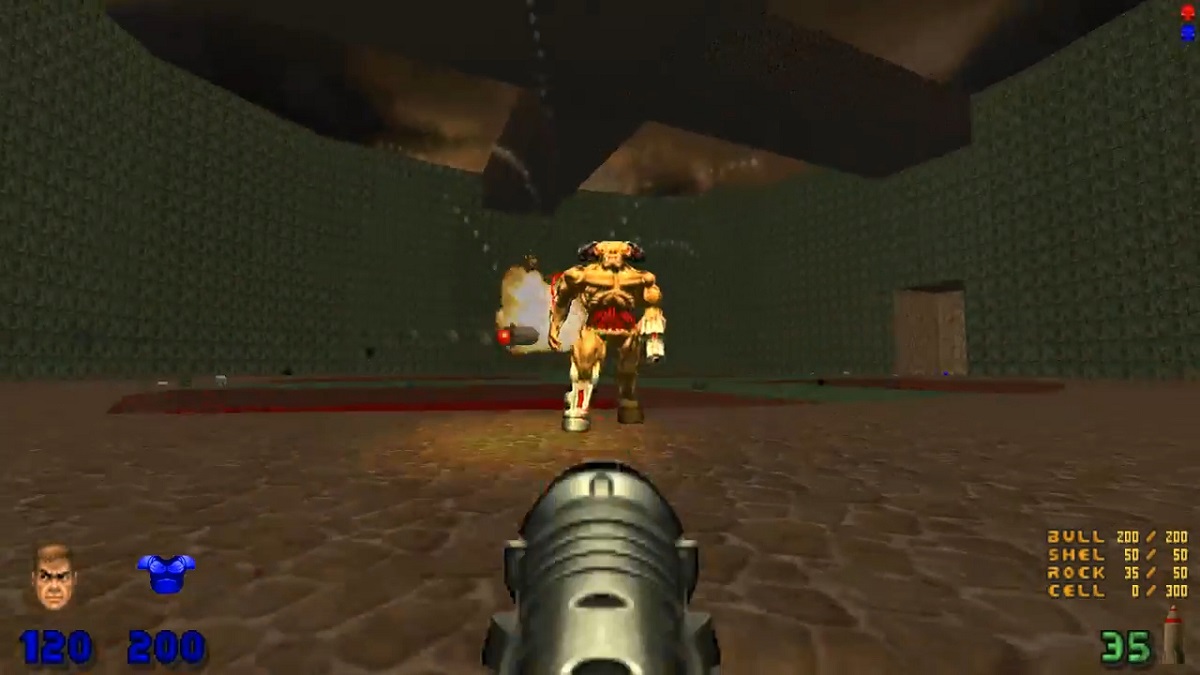 A screenshot from the classic Doom video game, showing a first-person view of a player aiming a rocket launcher at a massive, horned demon