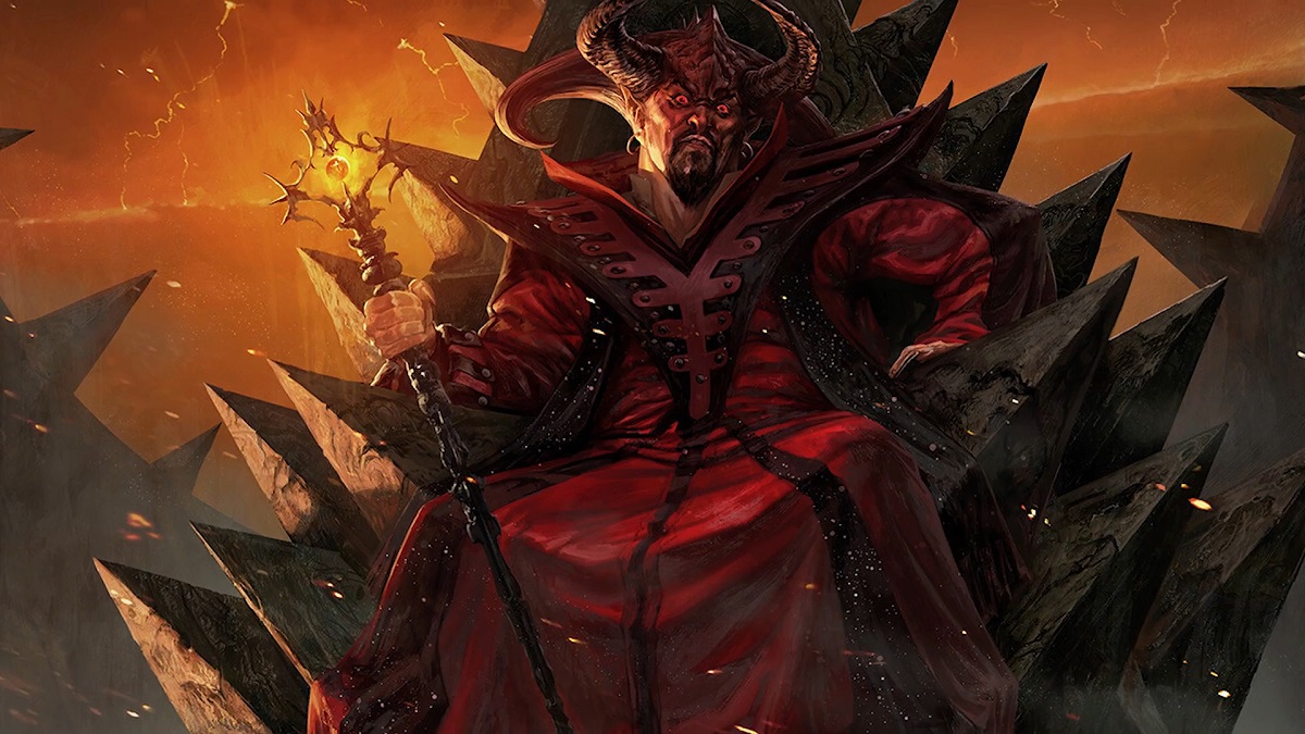 A powerful demon king with large curved horns sits on a jagged black throne, wearing a regal red robe and holding a glowing scepter