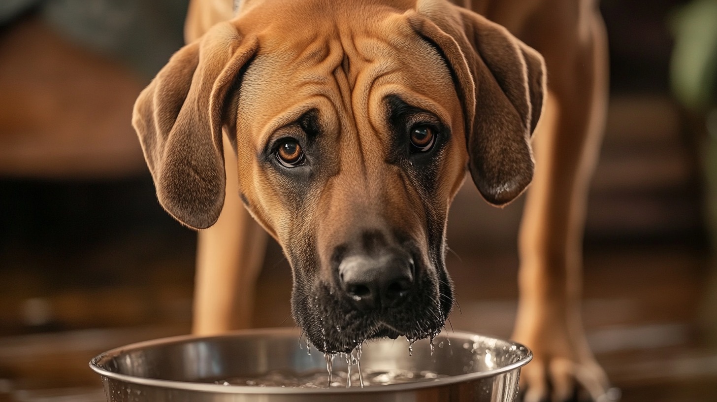 The Fila Brasileiro is drinking water from a bowl