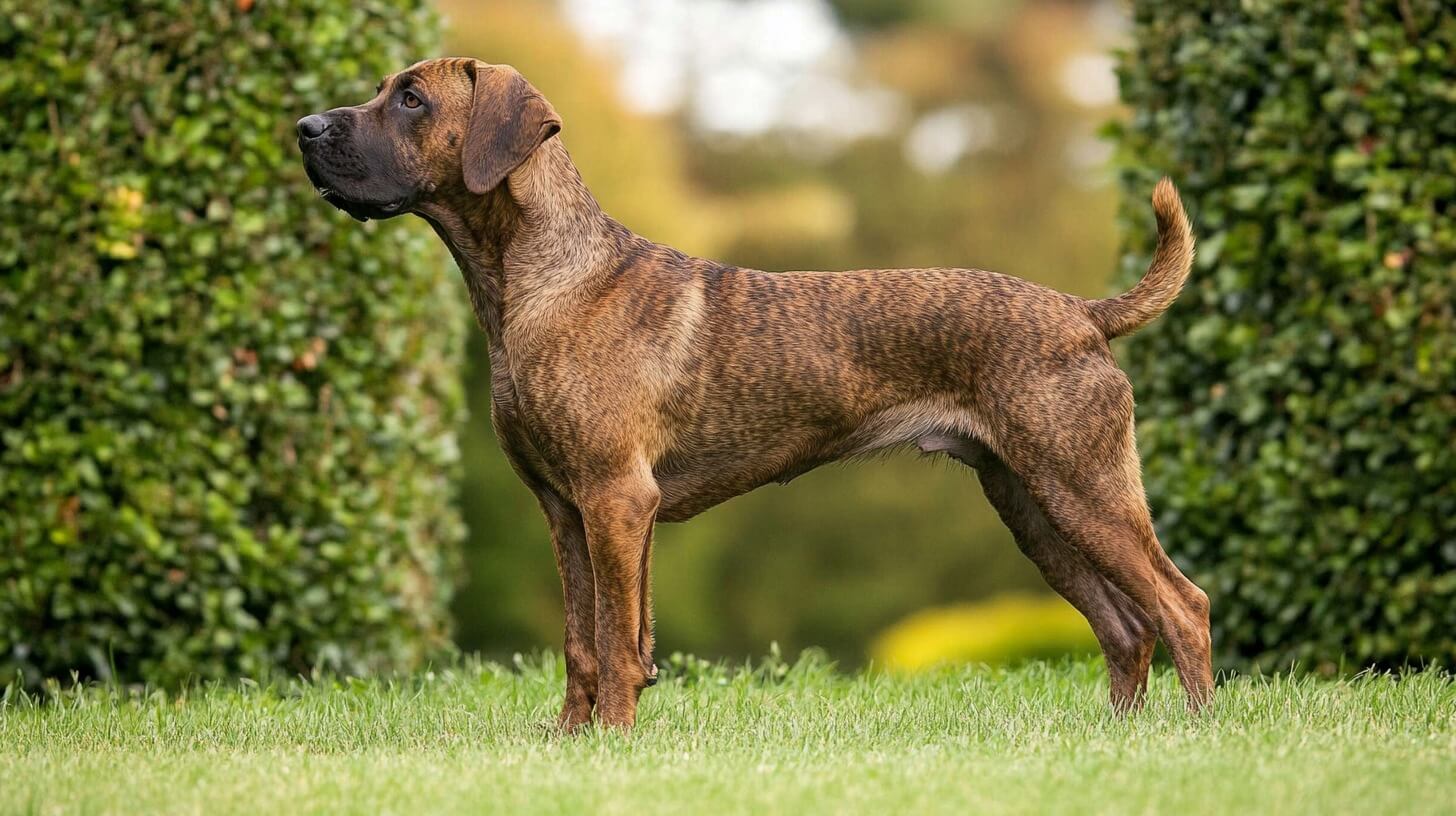  A brindle Fila Brasileiro dog standing alert on a green lawn