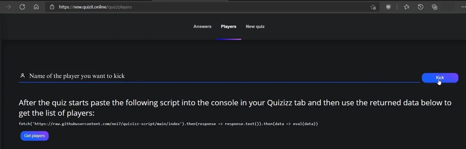 A way to kick a player on Quizizz