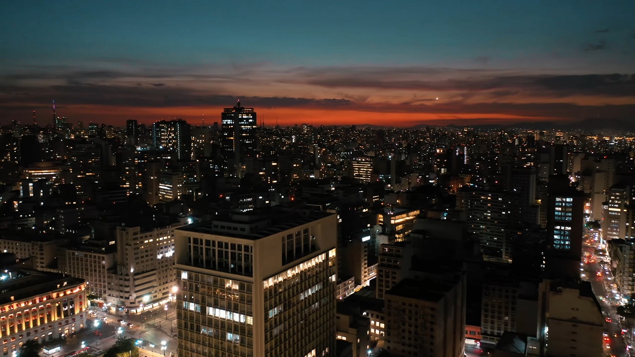 An aerial view of downtown São Paulo at dusk