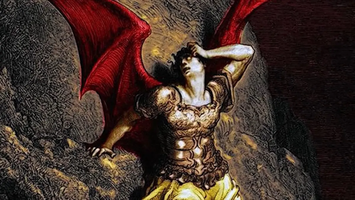 A richly colored illustration of Lucifer from classic biblical interpretations, depicted with red wings, clad in ornate armor, and holding his head in despair as he falls from grace into darkness