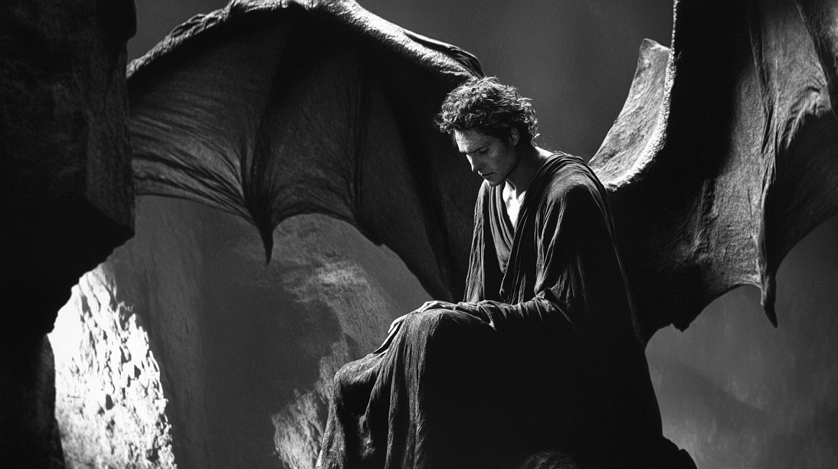 A black and white artistic depiction of a fallen angel with large, bat-like wings