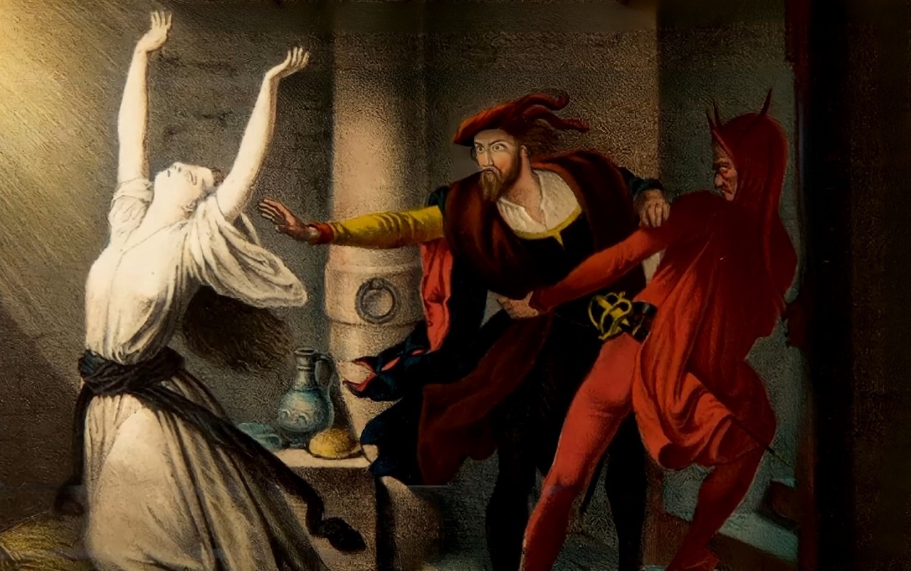 A classical painting illustrating a scene from Goethe’s Faust, where Mephistopheles, clad in red, appears to be leading Faust away, while a distressed woman reaches toward a divine light