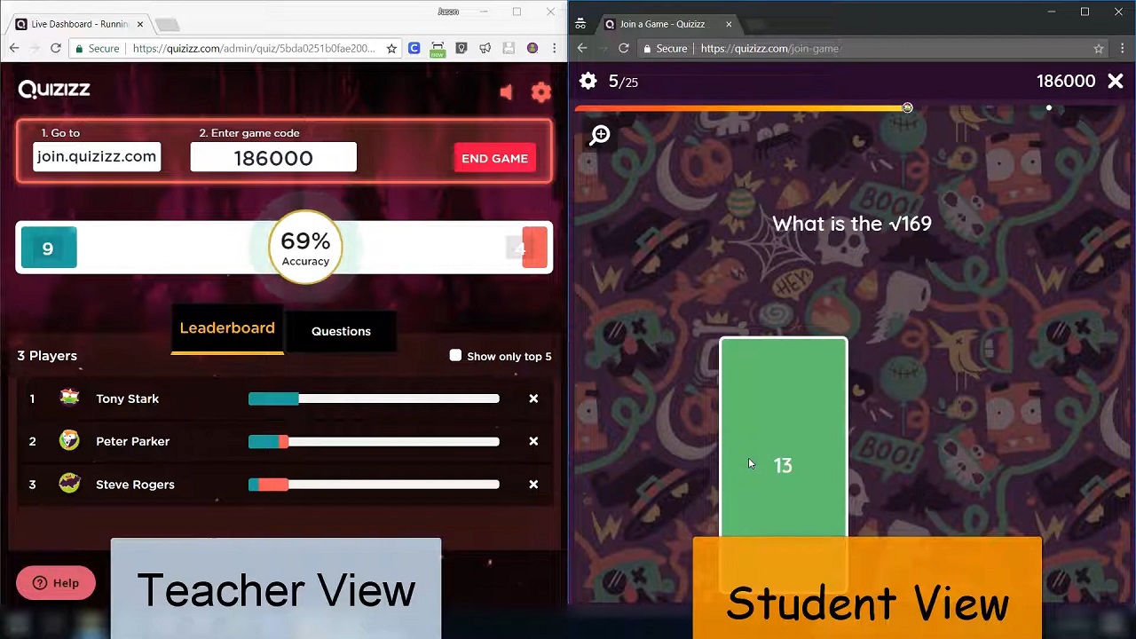 How the dashboard looks for teachers and students in Quizizz during a game