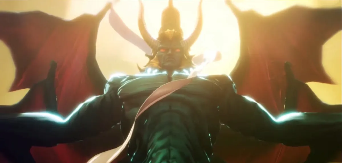 A dramatic animated scene of a demonic figure with glowing red eyes, large horns, and outstretched bat-like wings, exuding immense power and dominance with an ethereal golden light shining behind