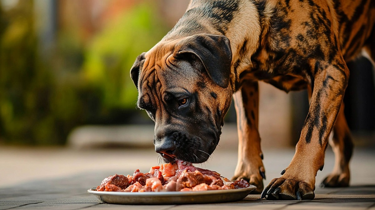 A Fila Brasileiro dog eating raw meat from a metal plate