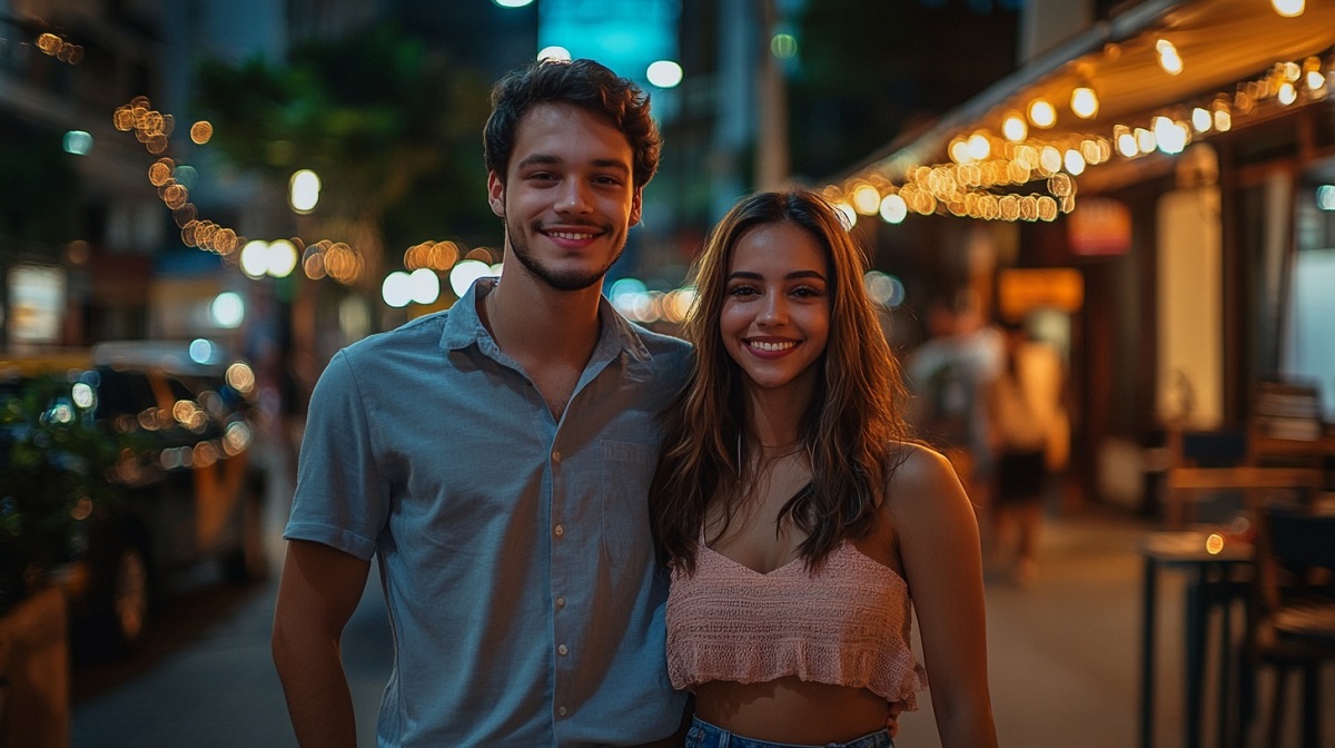 A cheerful couple poses on a beautifully lit street at night