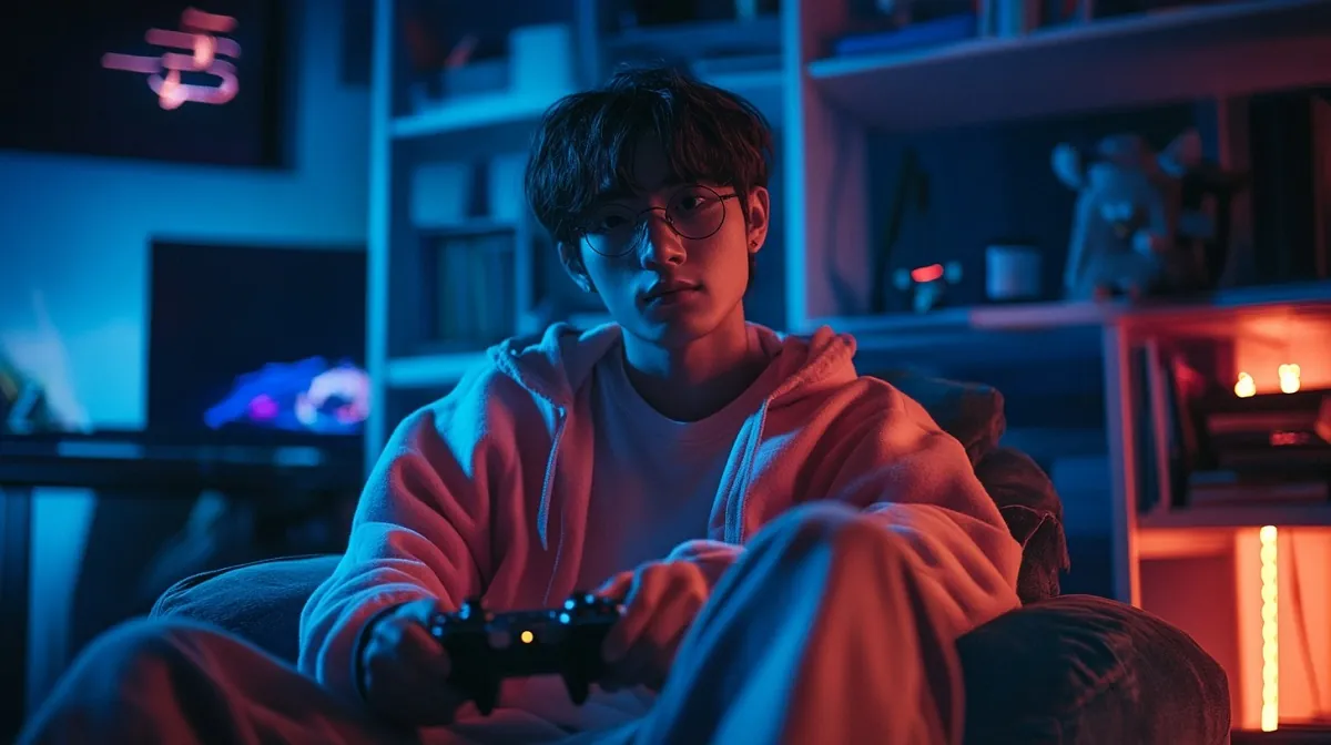 A young man wearing glasses and a hoodie sits in a gaming chair, holding a controller, surrounded by a cozy, neon-lit gaming setup