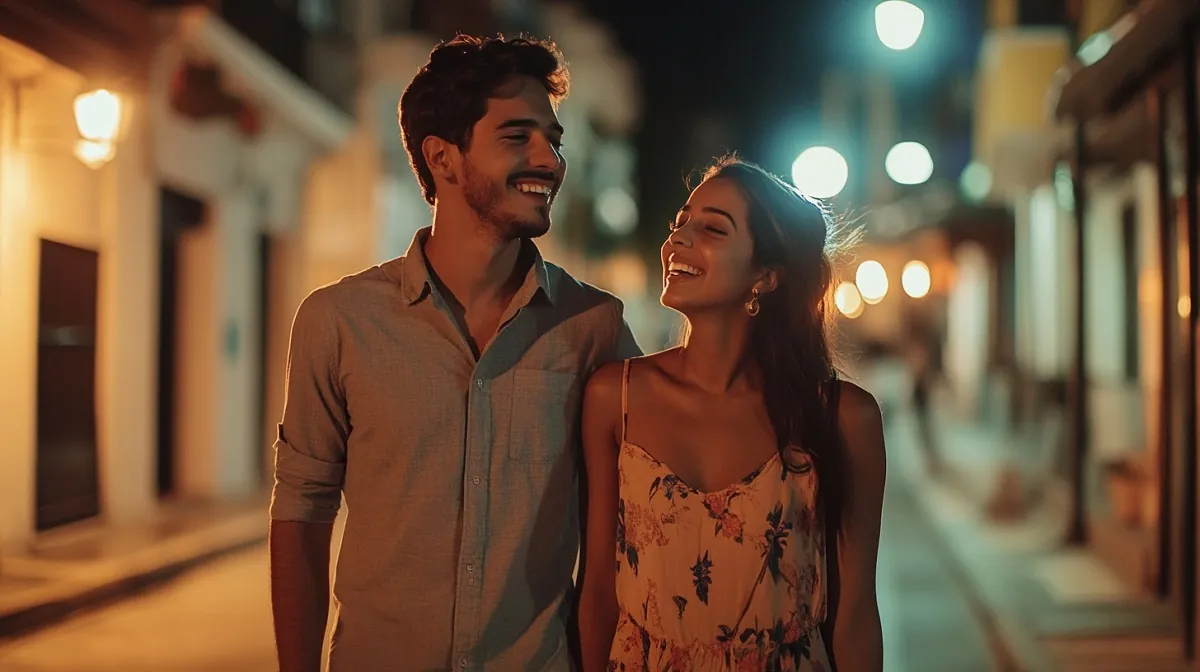 A smiling couple walks together on a warmly lit street at night, sharing a joyful moment.