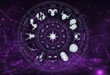 A mystical zodiac wheel with all 12 astrological signs displayed in a circular pattern, set against a glowing purple cosmic background