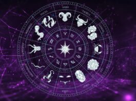 A mystical zodiac wheel with all 12 astrological signs displayed in a circular pattern, set against a glowing purple cosmic background