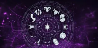 A mystical zodiac wheel with all 12 astrological signs displayed in a circular pattern, set against a glowing purple cosmic background