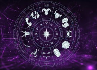 A mystical zodiac wheel with all 12 astrological signs displayed in a circular pattern, set against a glowing purple cosmic background