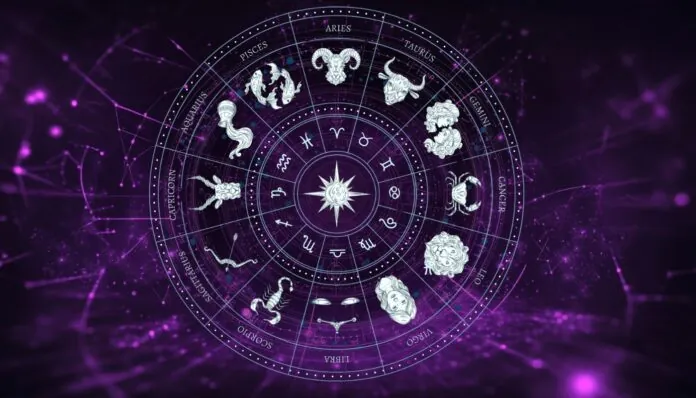 A mystical zodiac wheel with all 12 astrological signs displayed in a circular pattern, set against a glowing purple cosmic background