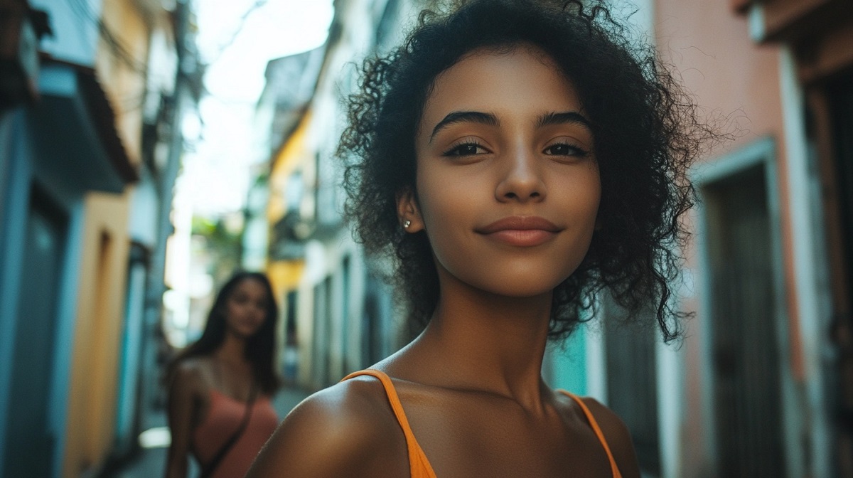  A Brazilian stylish woman in an orange dress walks confidently down a narrow city street