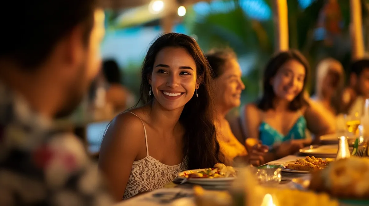 A Brazilian woman smiles at her date while enjoying a cozy dinner with family