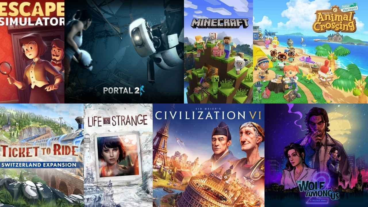 A collage of video game covers featuring Escape Simulator, Portal 2, Minecraft, Animal Crossing, Life is Strange, Civilization VI, and The Wolf Among Us, perfect for a long-distance relationship