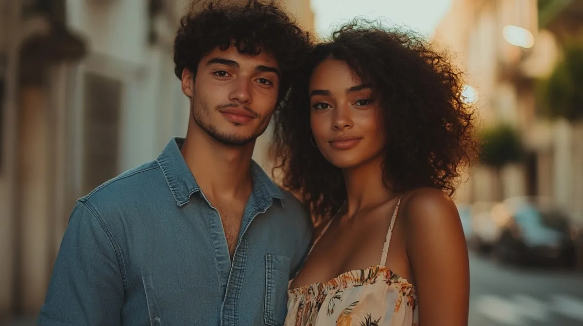 A young couple dressed casually yet fashionably poses together