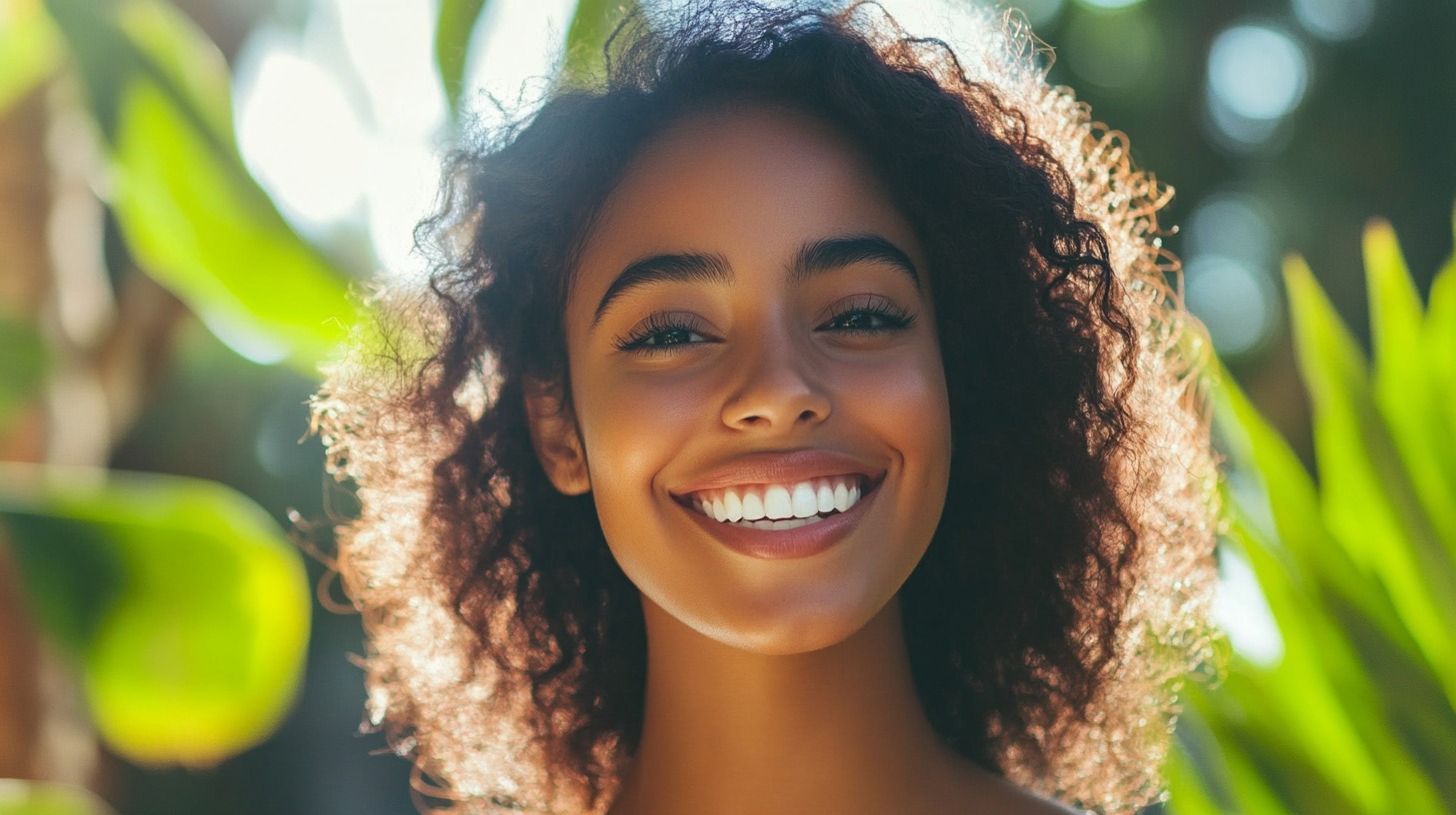 A young woman with curly hair smiling outdoors with lush green foliage in the background