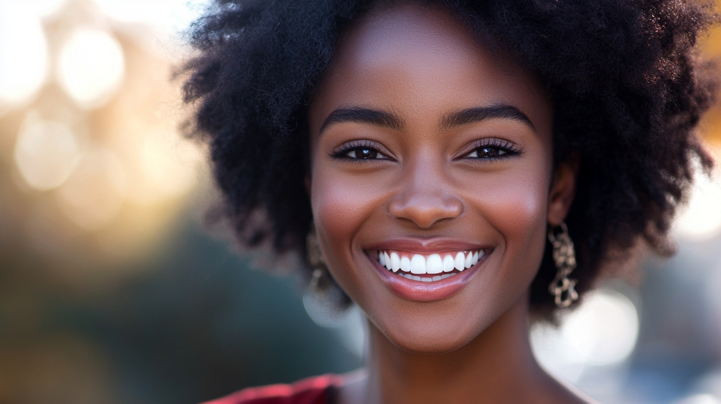 A close-up of a young woman with curly hair smiling, her teeth appear well-maintained, possibly due to access to preventive dental insurance plans.