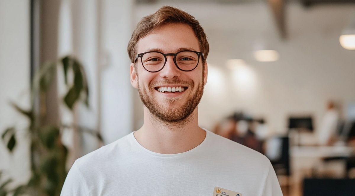 A smiling young man wearing glasses and a white t-shirt, standing in a bright office setting