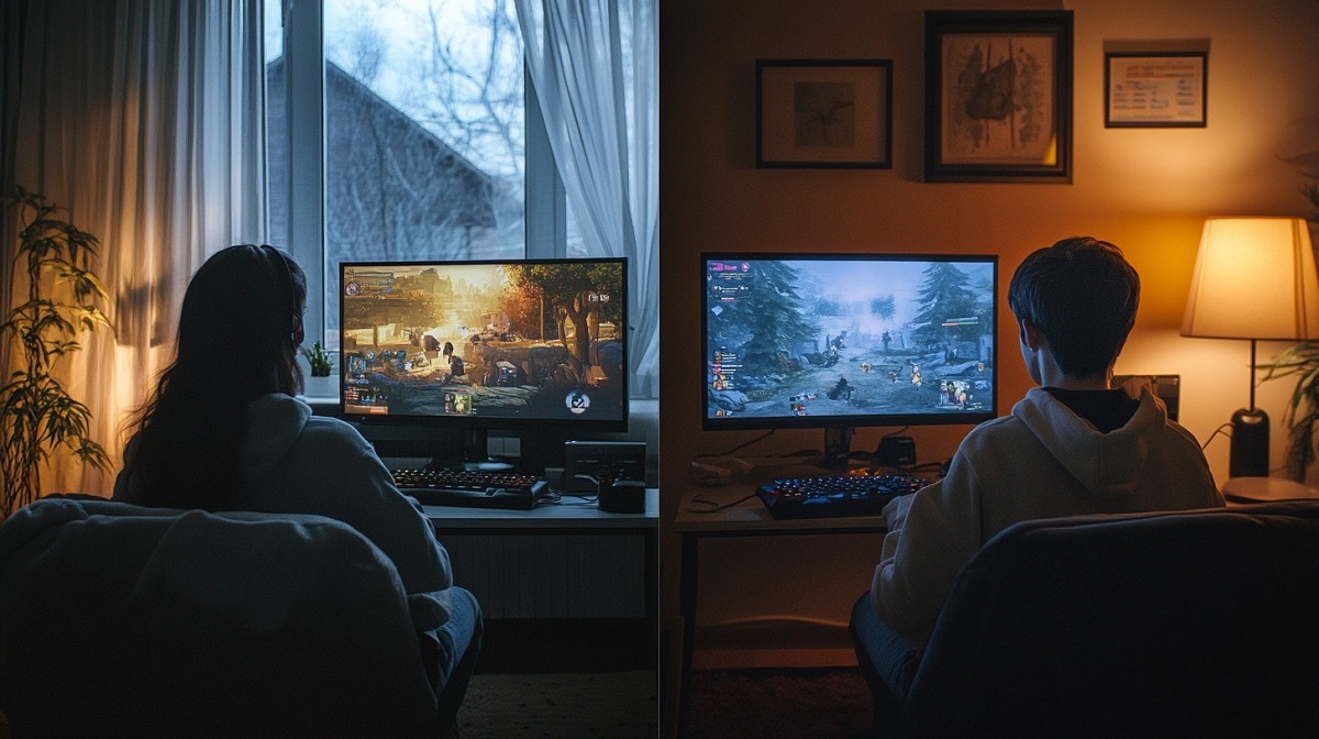 A split-screen view of two people playing an online multiplayer game from separate rooms—one illuminated by warm indoor lighting and the other by cool daylight, highlighting how gaming strengthens a long-distance relationship through shared experiences