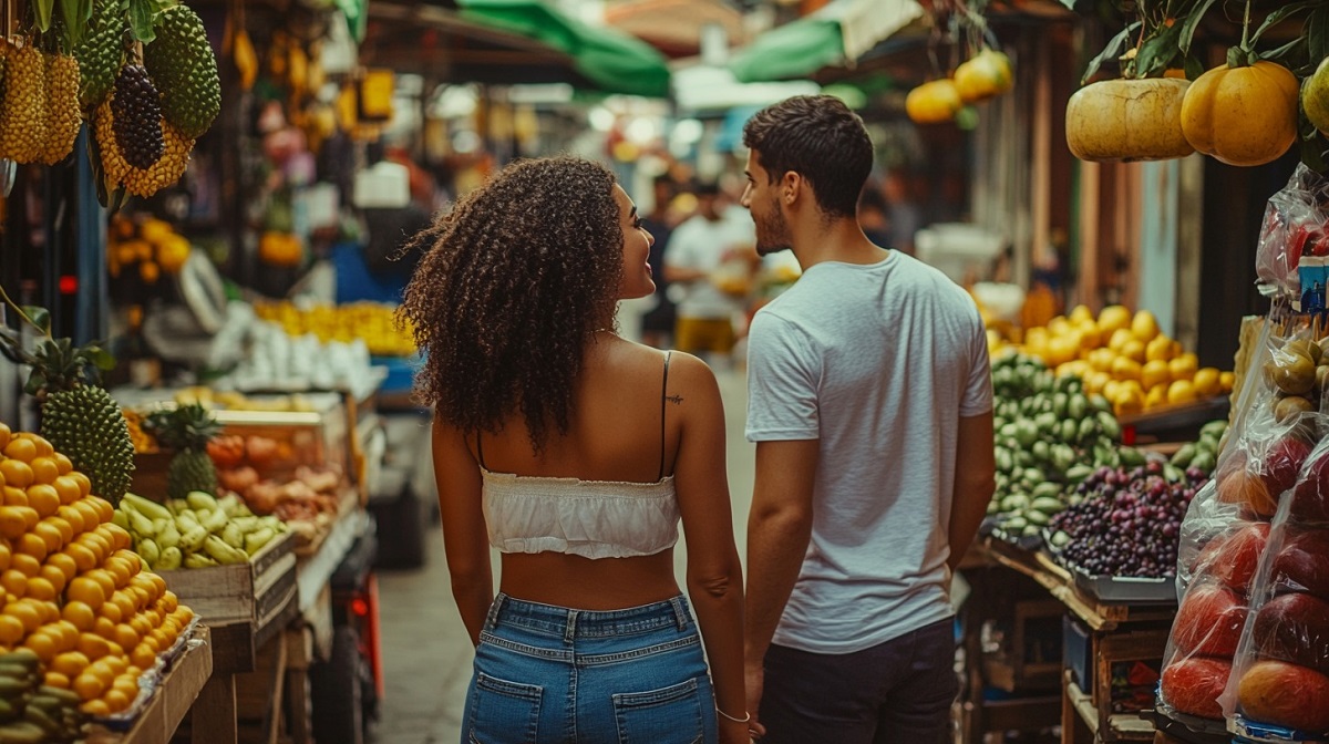 A young couple walks hand-in-hand through a vibrant street market