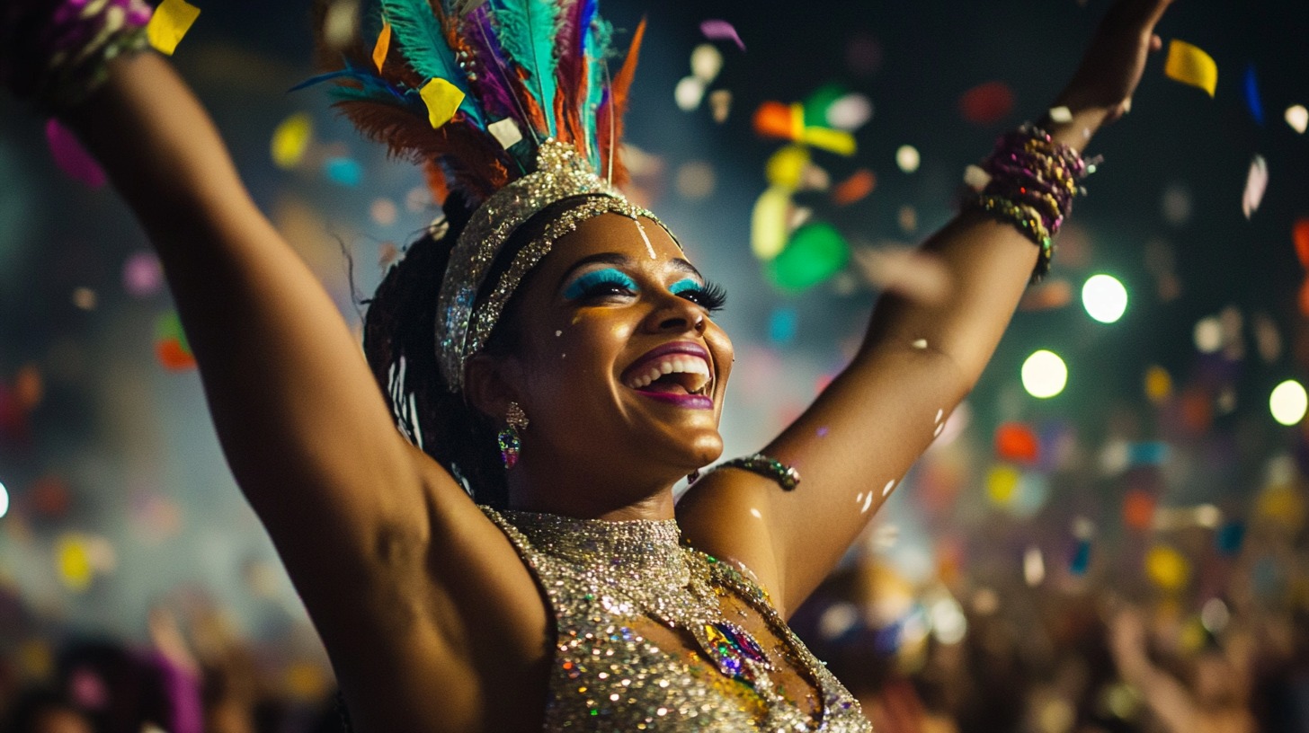 A joyful woman wearing a sparkling costume and a feathered headpiece celebrates at Carnaval, surrounded by flying confetti and festive lights