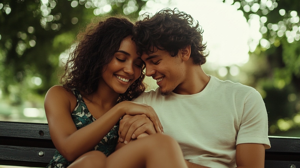 A smiling couple sits closely on a park bench, holding hands