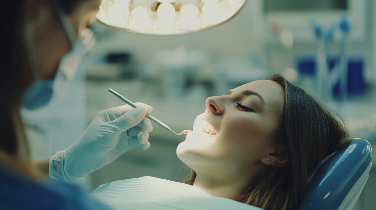 A female dentist wearing gloves and a mask, performing a dental procedure on a patient lying in the dentist's chair