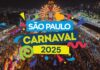 A vibrant and colorful night scene of São Paulo’s Carnaval 2025, featuring a massive parade, illuminated floats, and a festive crowd